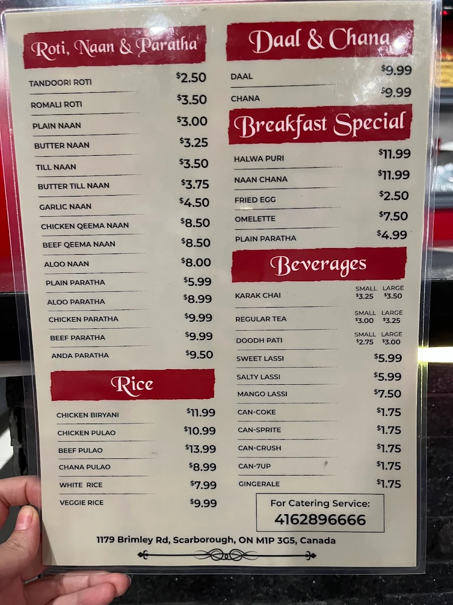 Menu, Paratha Kabab House