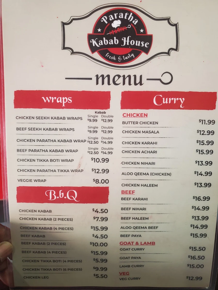 Menu, Paratha Kabab House