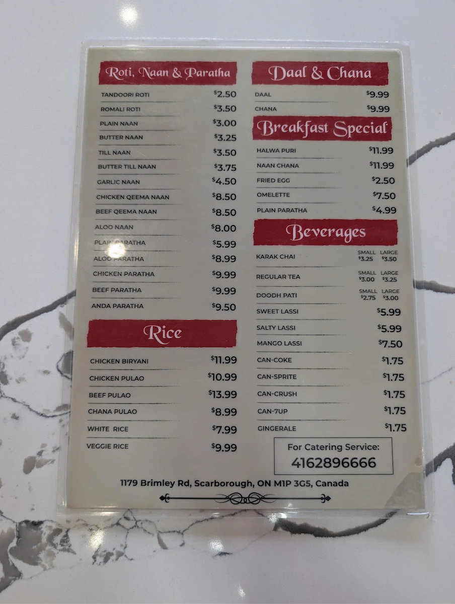 Menu, Paratha Kabab House