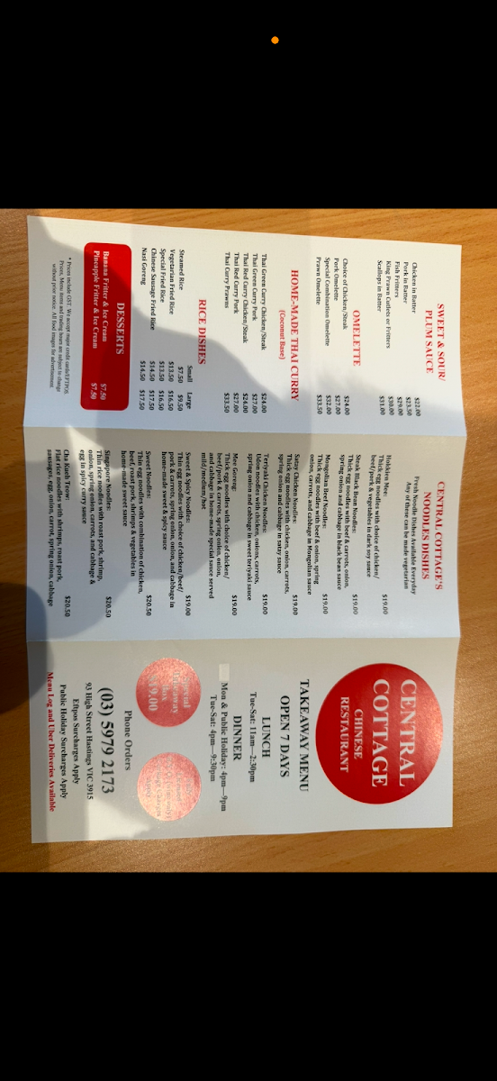Menu, Central Cottage Chinese Restaurant