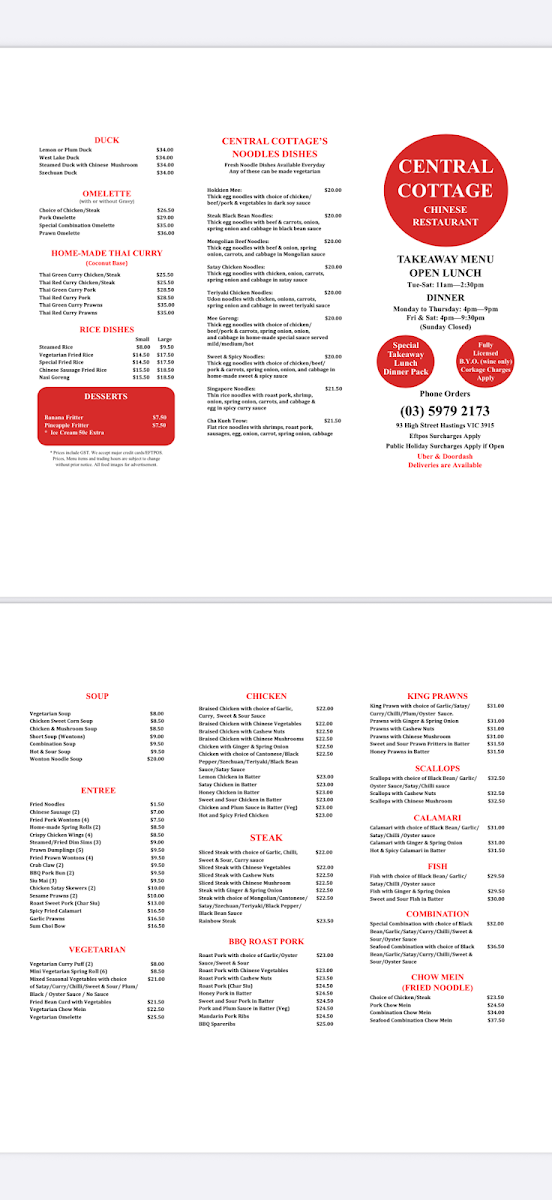 Menu, Central Cottage Chinese Restaurant
