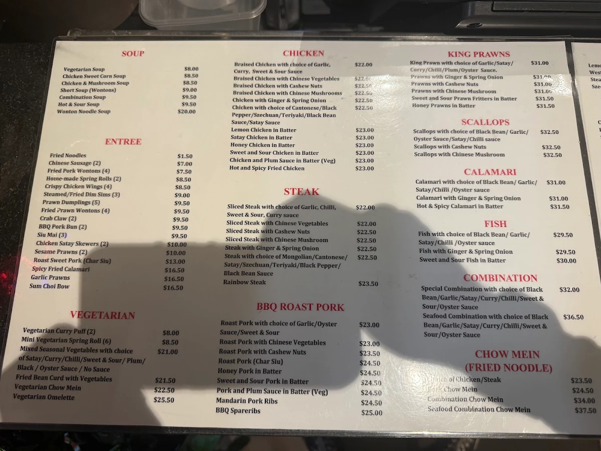 Menu, Central Cottage Chinese Restaurant