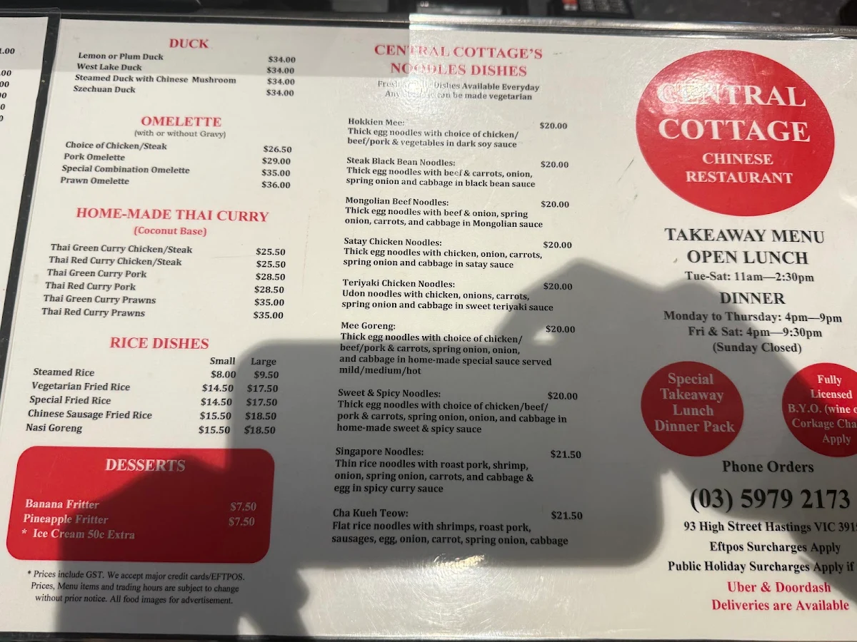 Menu, Central Cottage Chinese Restaurant