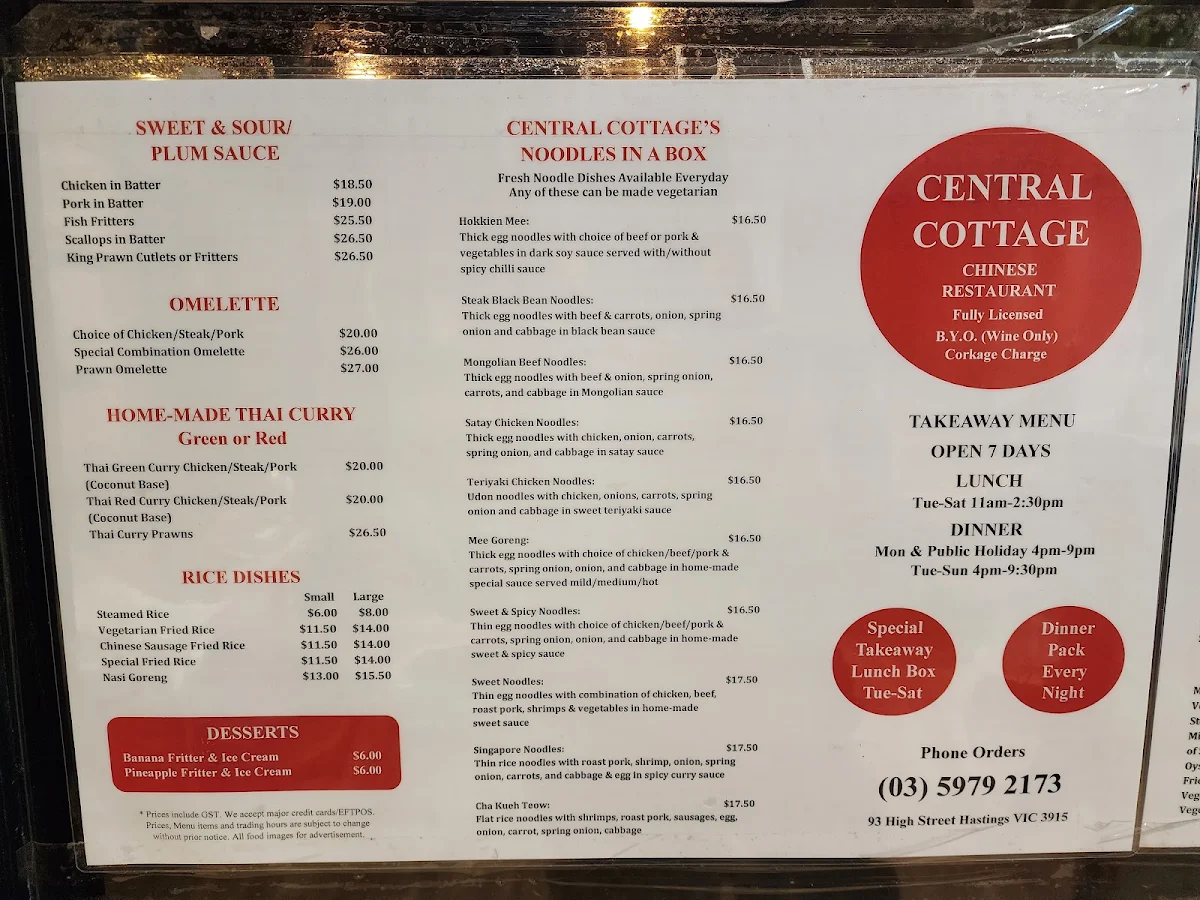 Menu, Central Cottage Chinese Restaurant