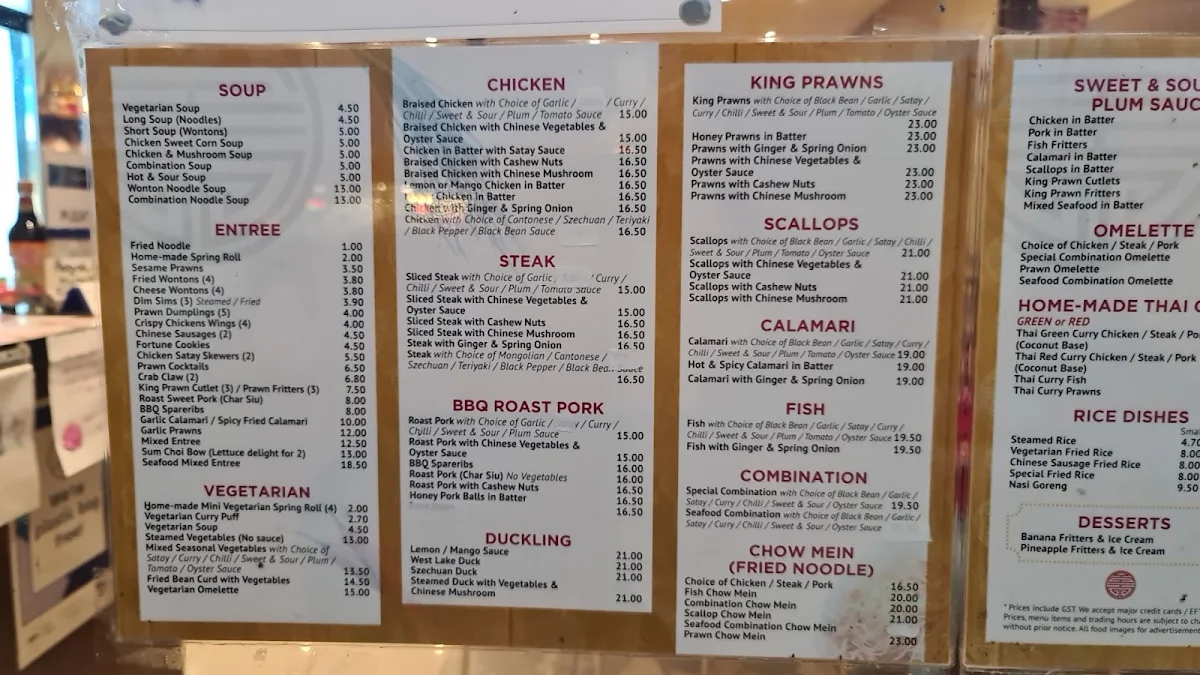 Menu, Central Cottage Chinese Restaurant