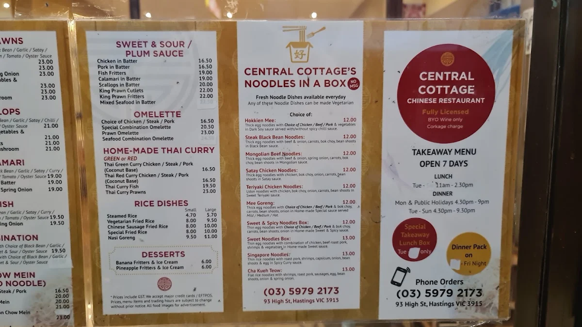 Menu, Central Cottage Chinese Restaurant