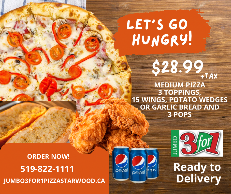 Menu, Jumbo 3 For 1 Pizza & Crispy Wings