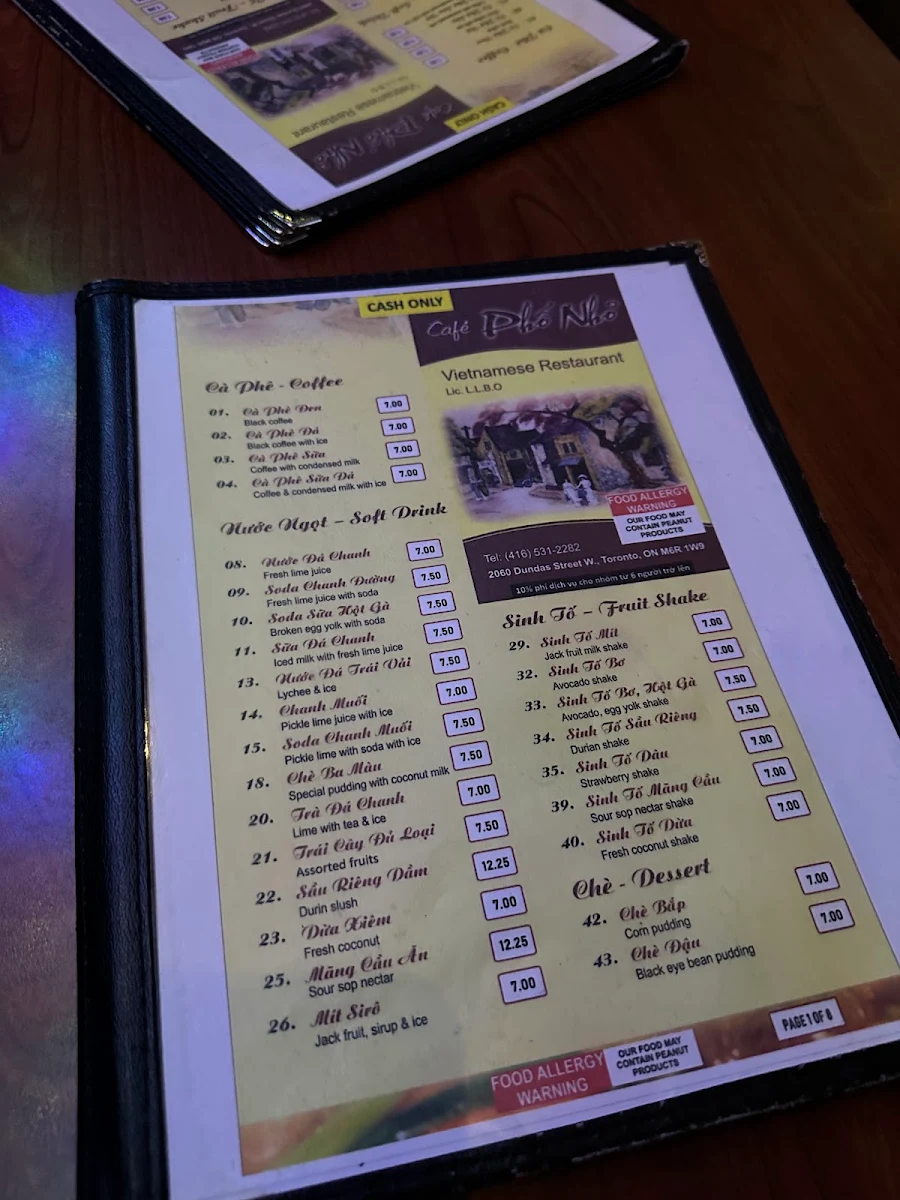 Menu, Cafe Pho Nho
