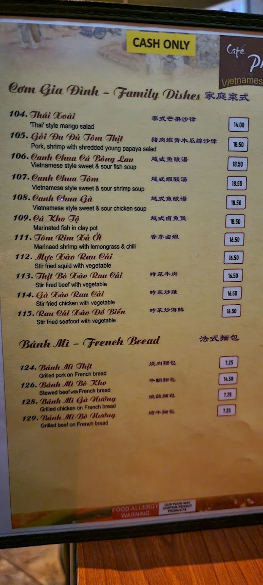 Menu, Cafe Pho Nho