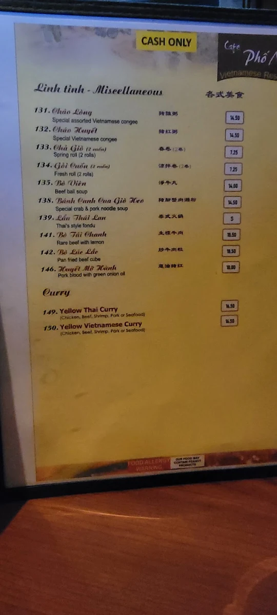 Menu, Cafe Pho Nho
