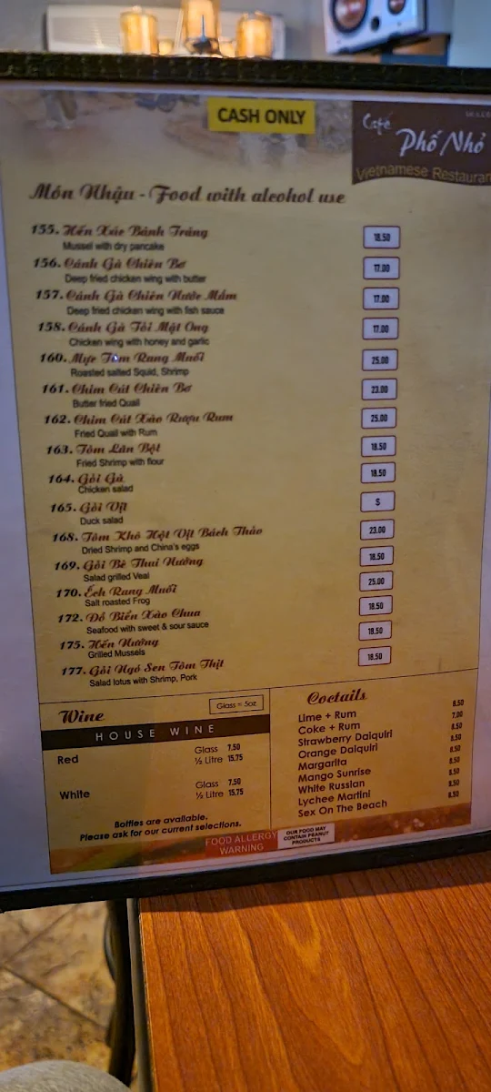 Menu, Cafe Pho Nho