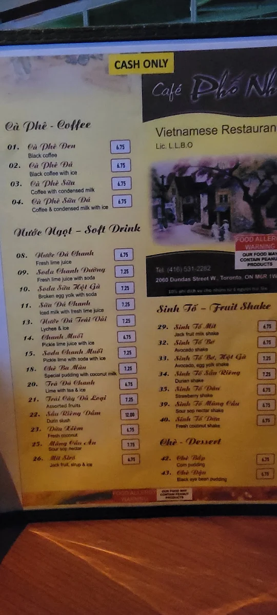Menu, Cafe Pho Nho