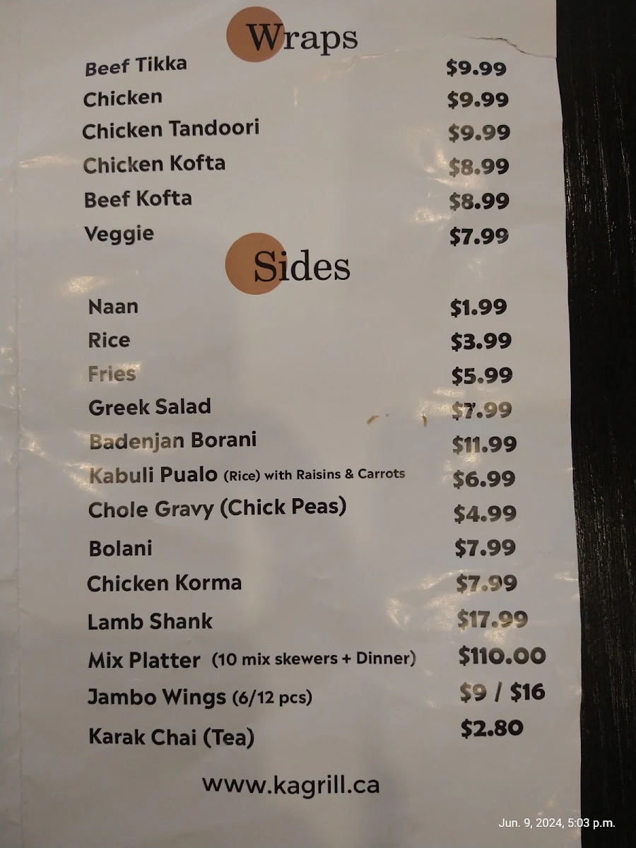 Menu, Khyber Afghan Grill