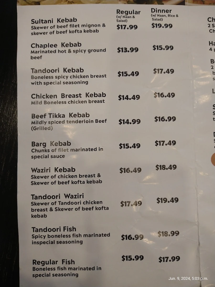 Menu, Khyber Afghan Grill