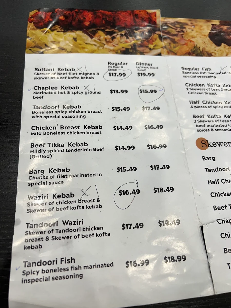 Menu, Khyber Afghan Grill