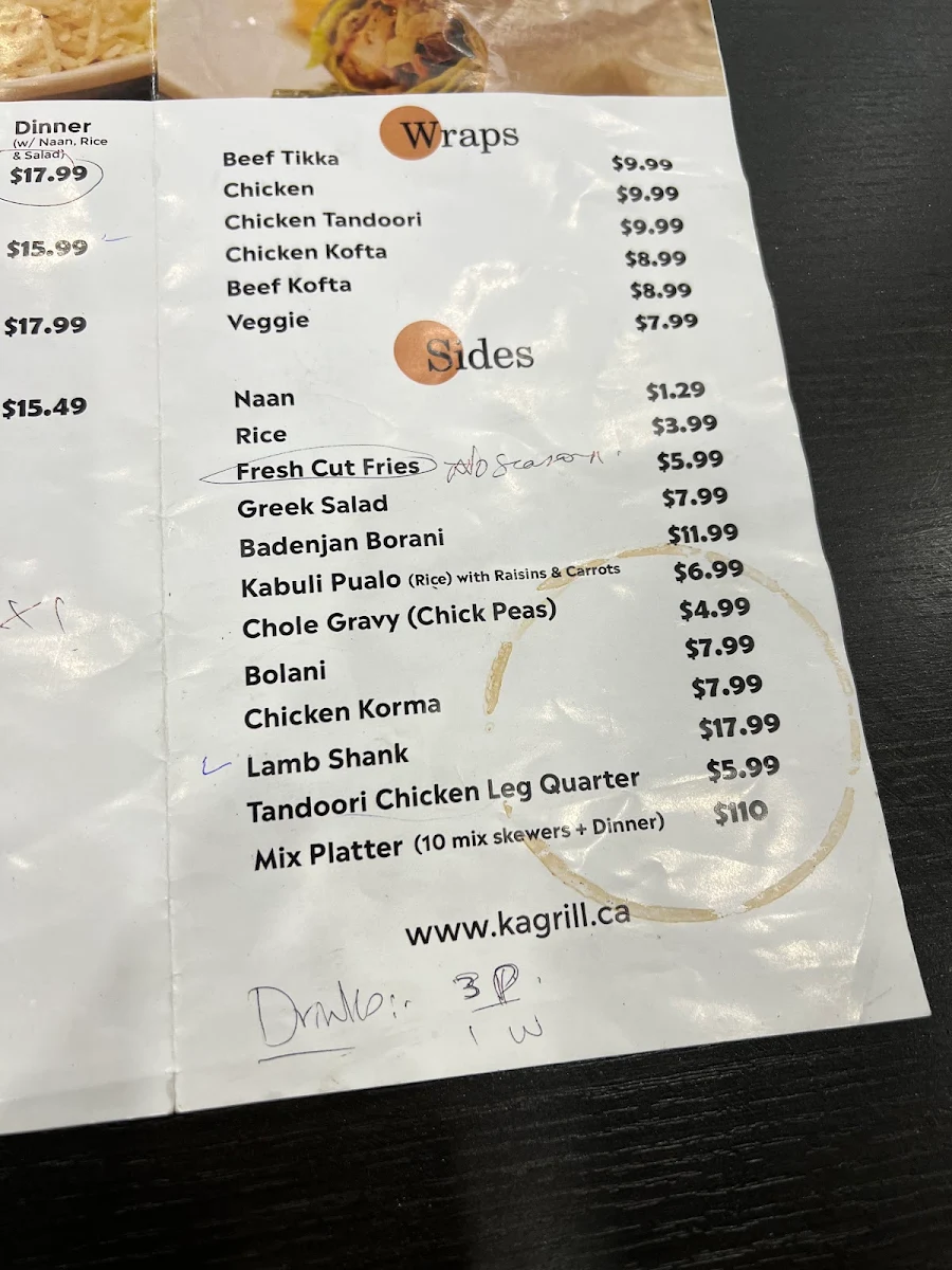 Menu, Khyber Afghan Grill