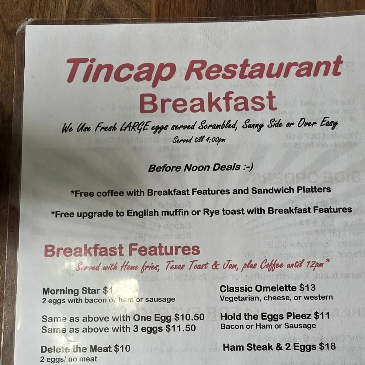 Menu, Tincap Restaurant & Plaza