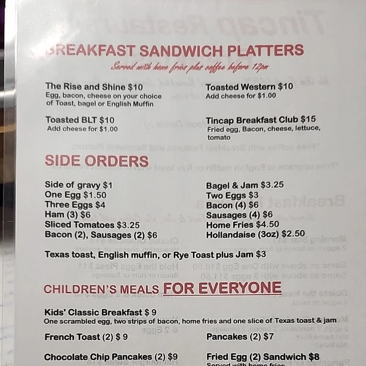 Menu, Tincap Restaurant & Plaza
