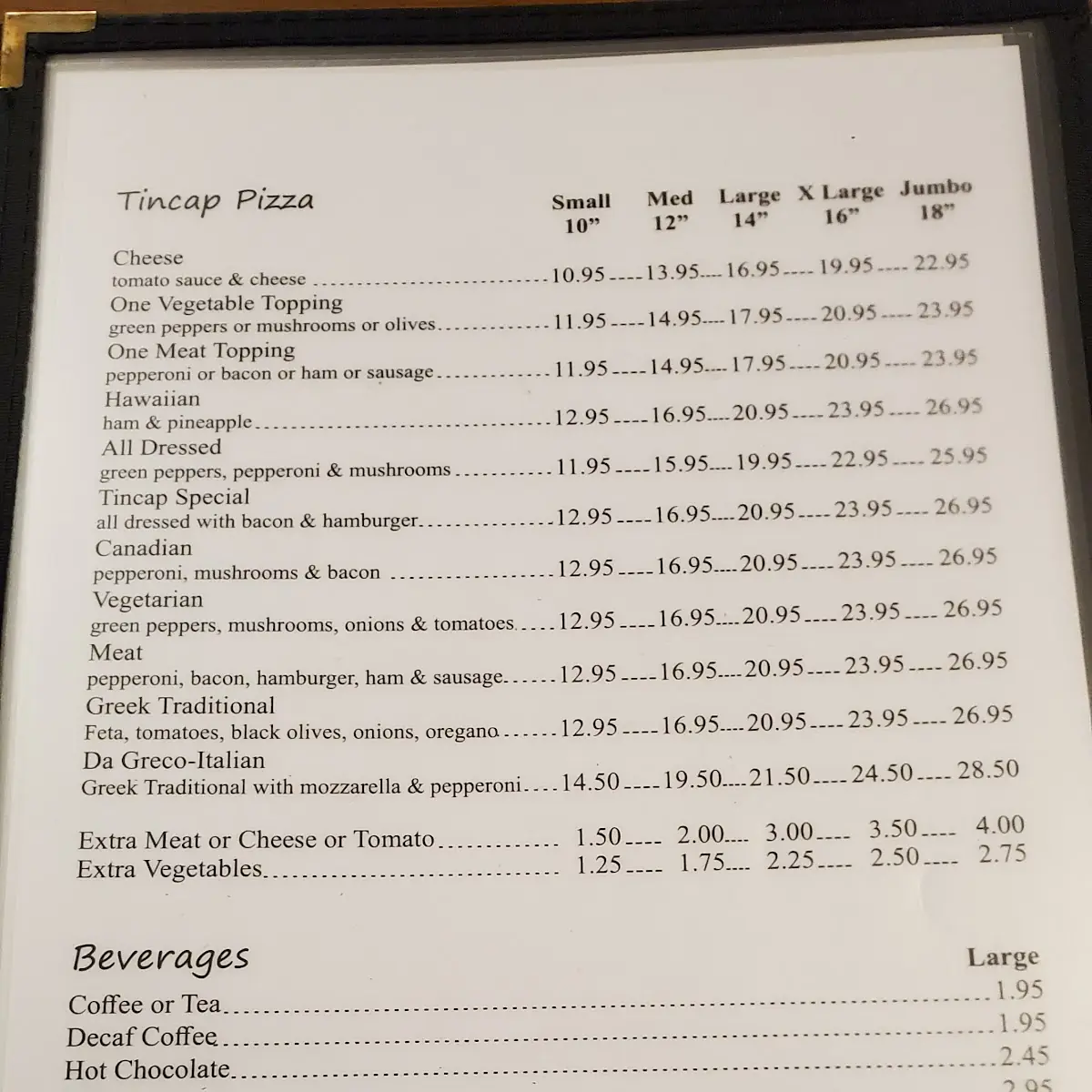 Menu, Tincap Restaurant & Plaza