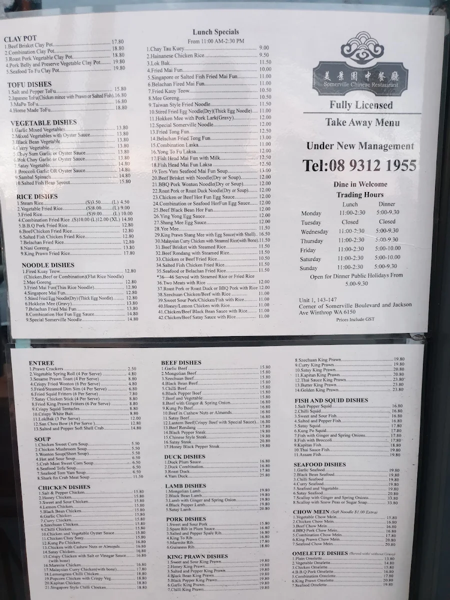 Menu, Somerville Chinese Restaurant,