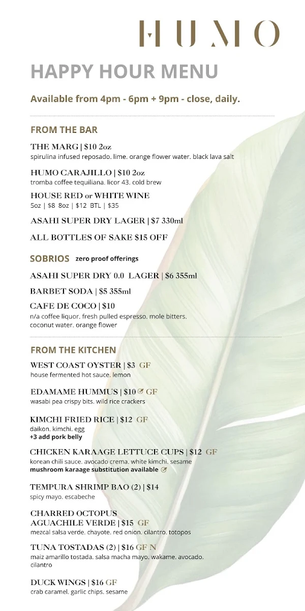 Menu, HUMO Kelowna
