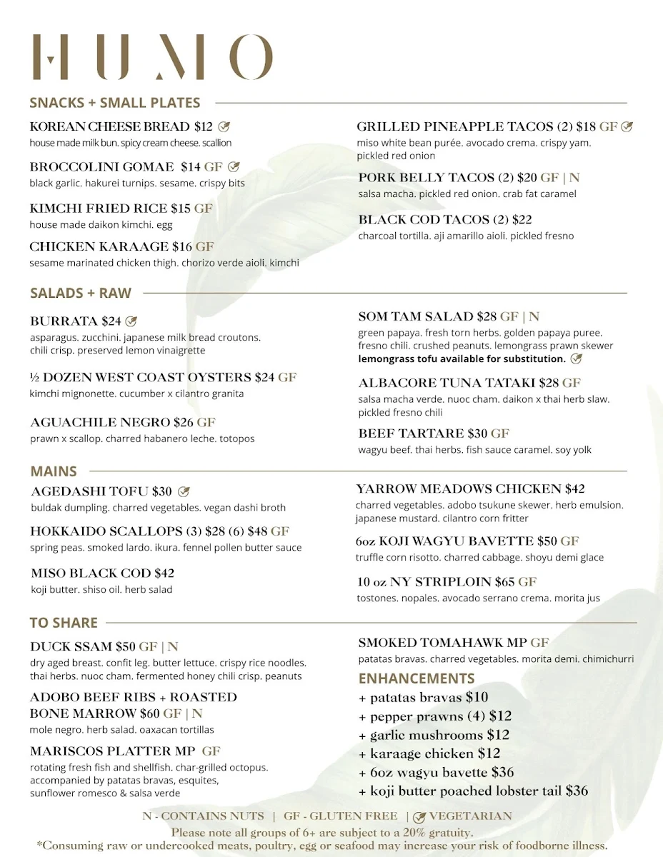 Menu, HUMO Kelowna