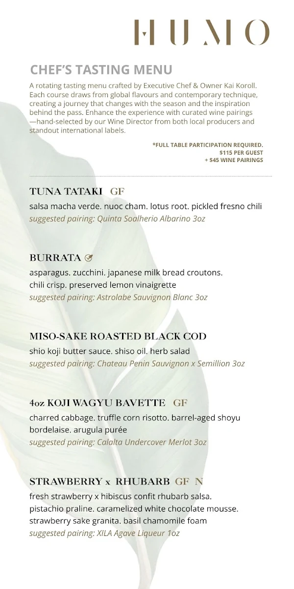 Menu, HUMO Kelowna
