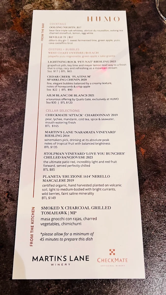 Menu, HUMO Kelowna
