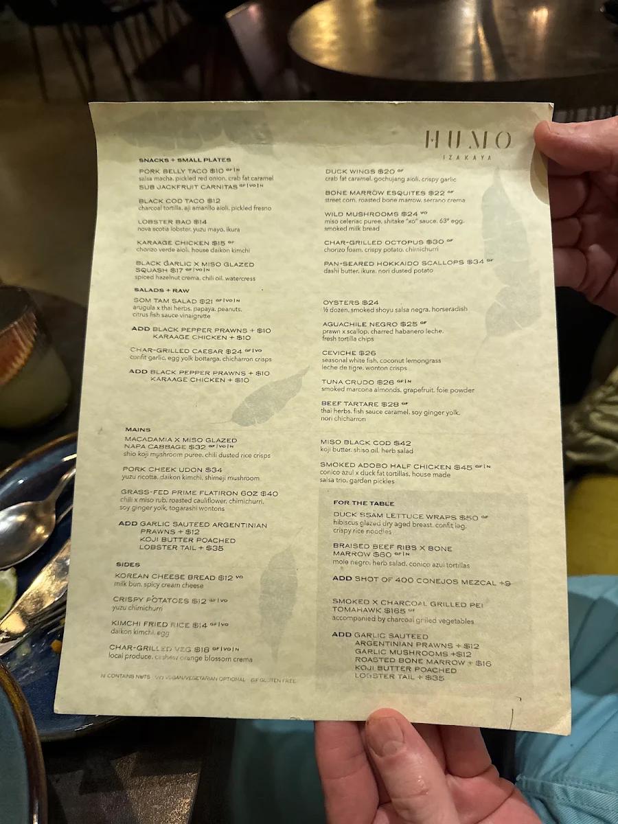 Menu, HUMO Kelowna
