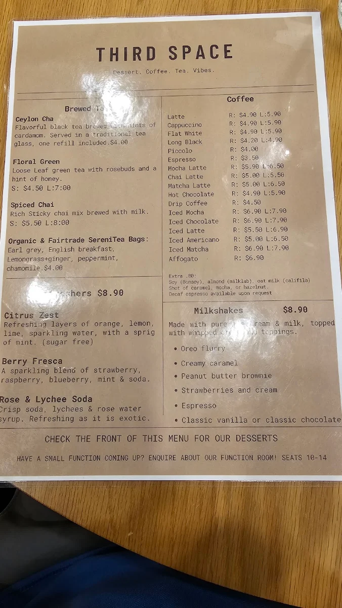 Menu, Third Space Cafetorium