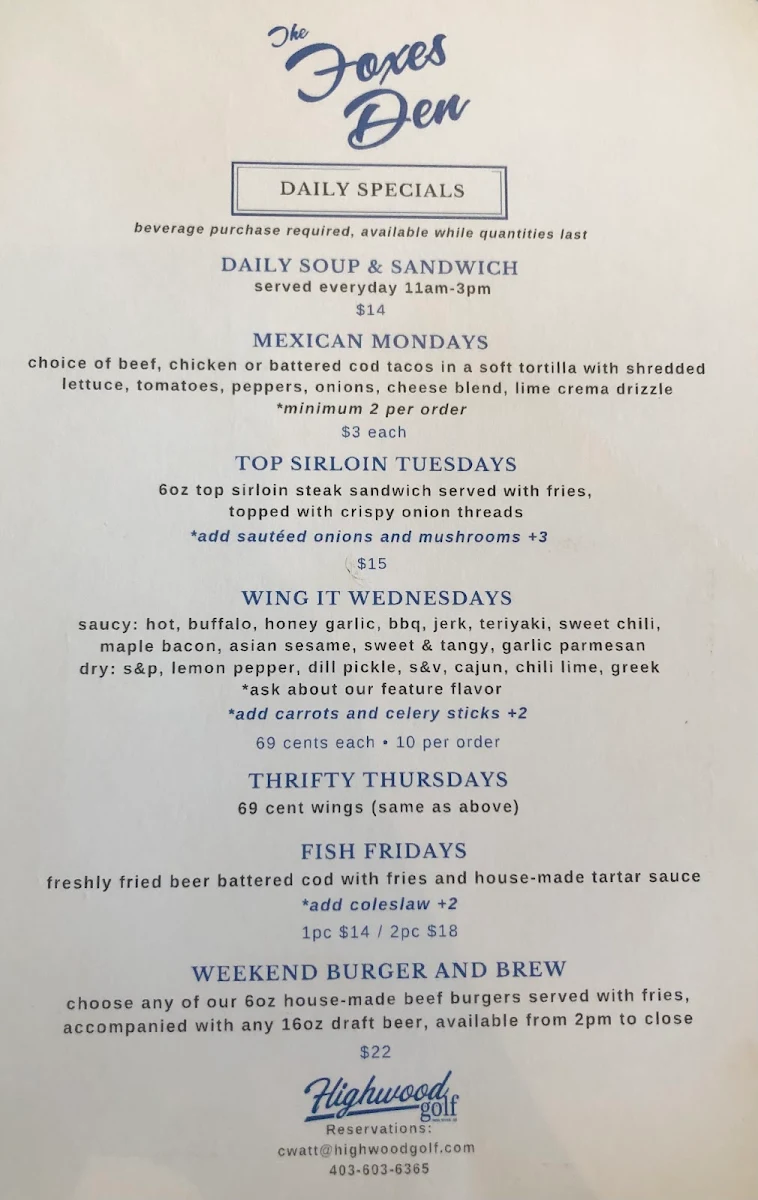 Menu, The Foxes Den