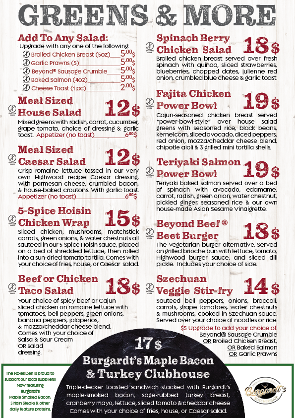 Menu, The Foxes Den