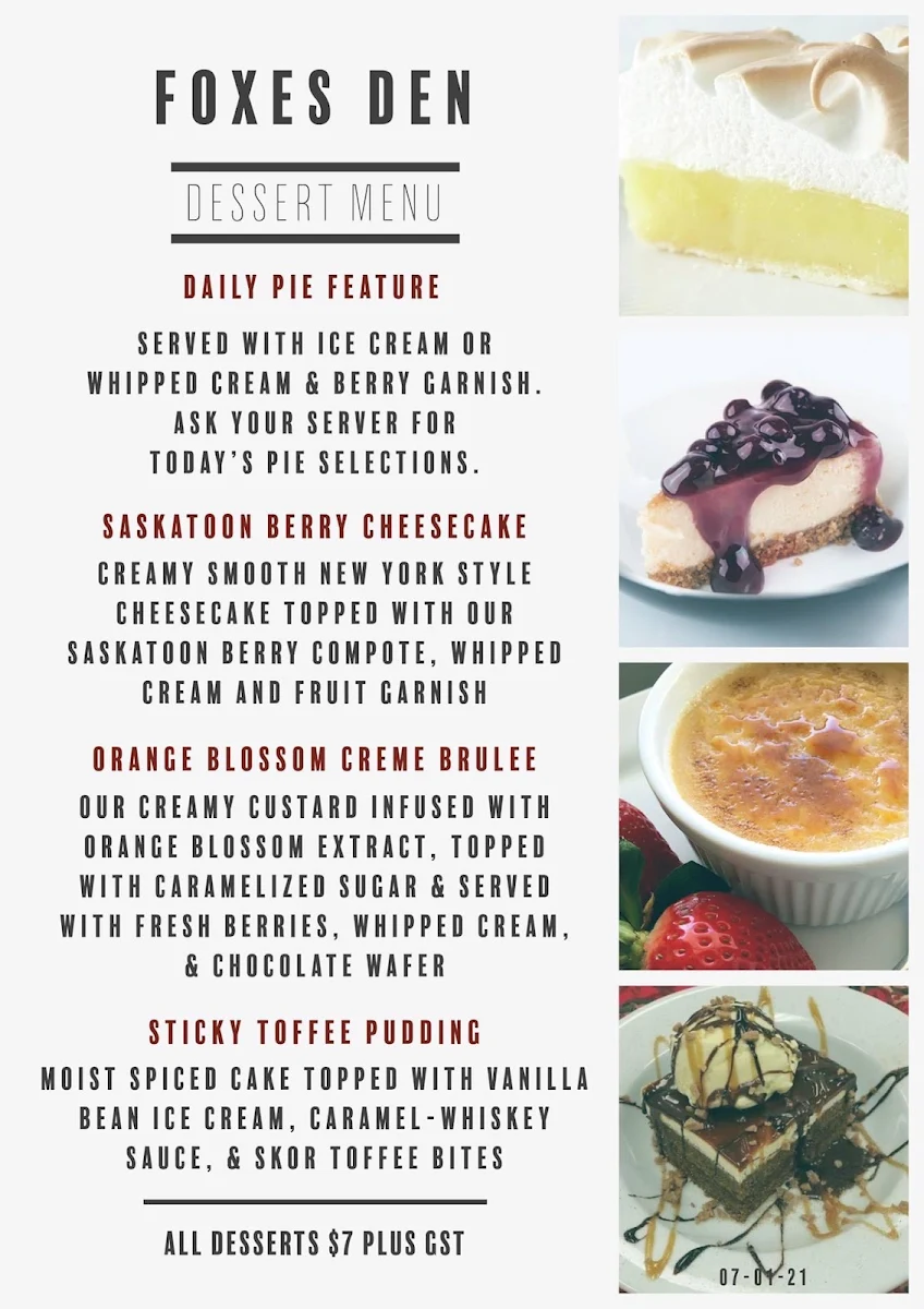 Menu, The Foxes Den