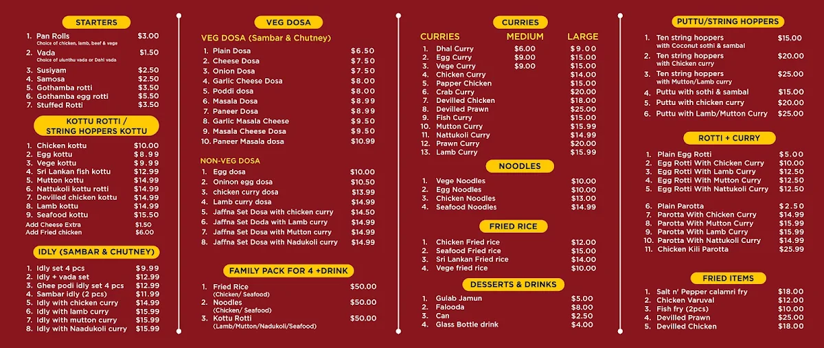 Menu, SS Rotti Palace