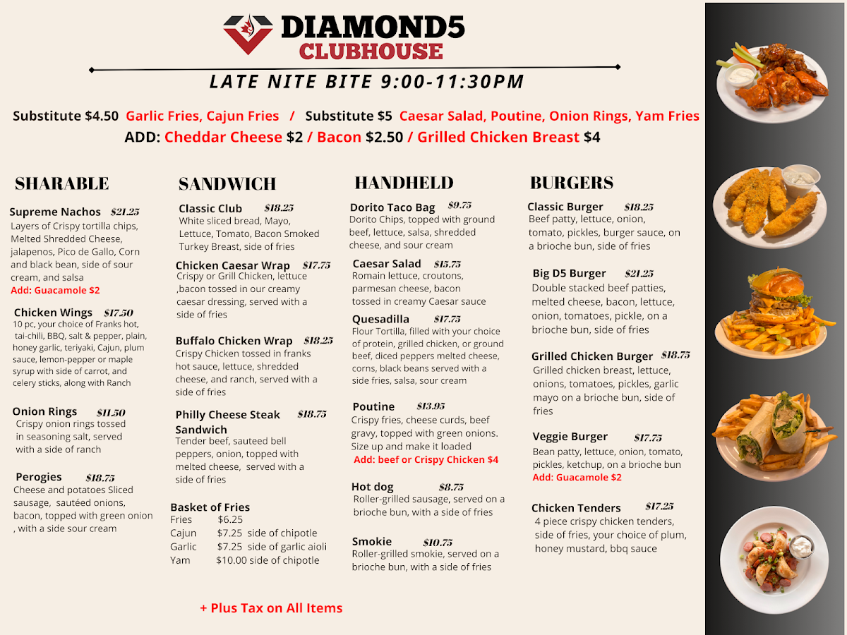 Menu, Diamond 5 Clubhouse Restaurant At Softball City