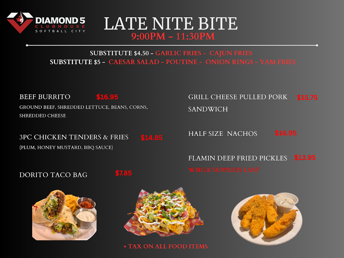 Menu, Diamond 5 Clubhouse Restaurant At Softball City