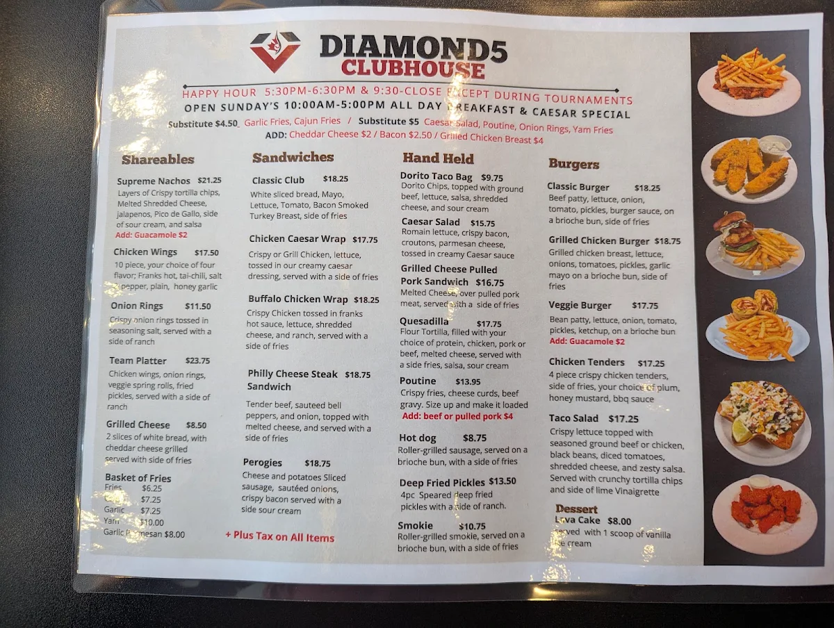 Menu, Diamond 5 Clubhouse Restaurant At Softball City
