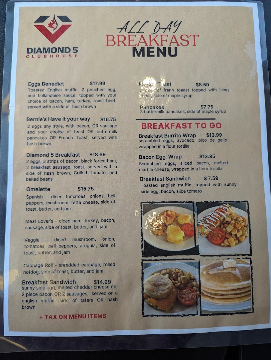 Menu, Diamond 5 Clubhouse Restaurant At Softball City