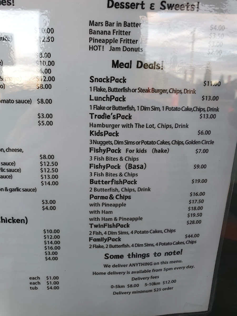 Menu, Monte’s Fish Chips & Pizza Bar