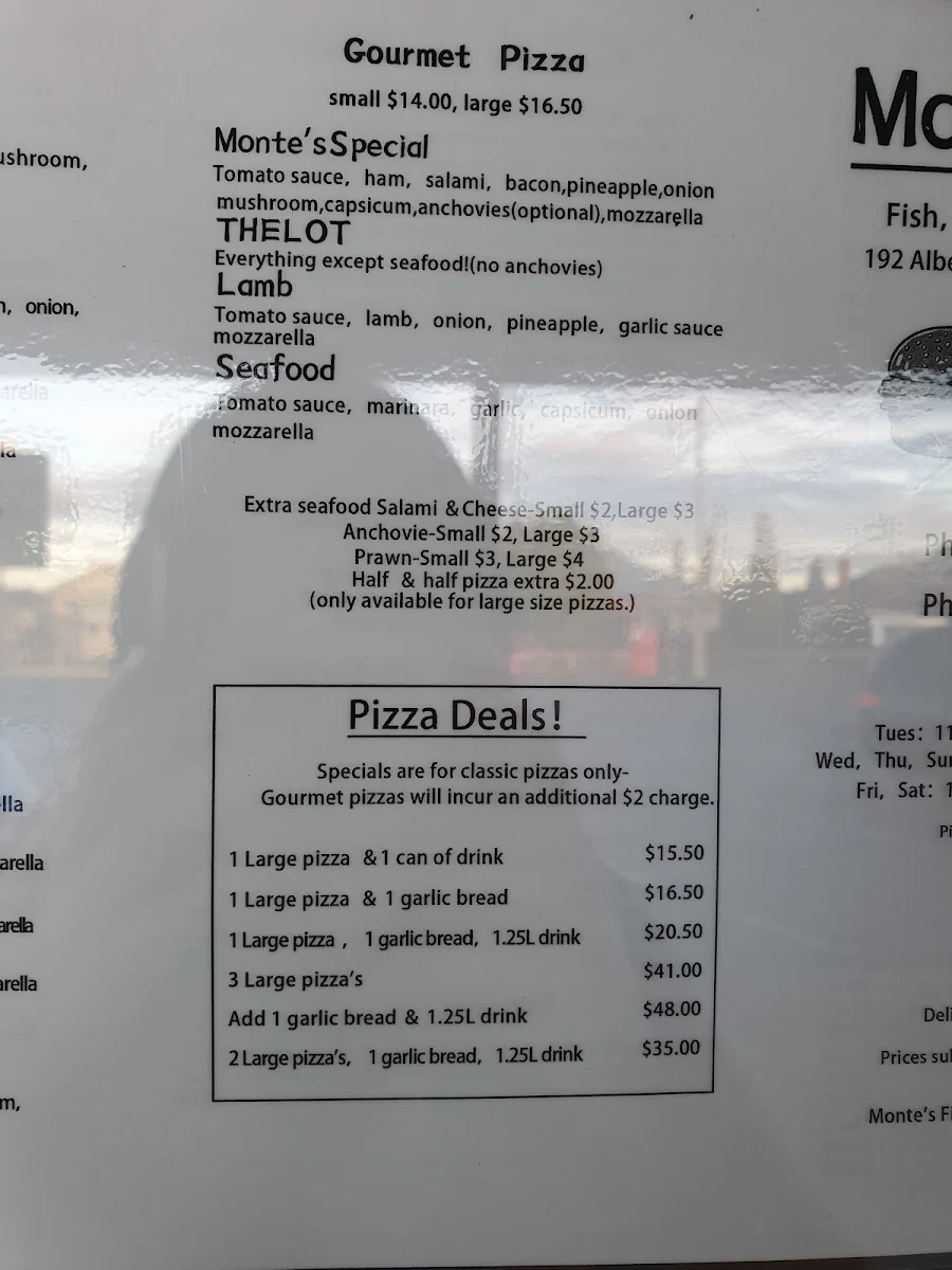 Menu, Monte’s Fish Chips & Pizza Bar