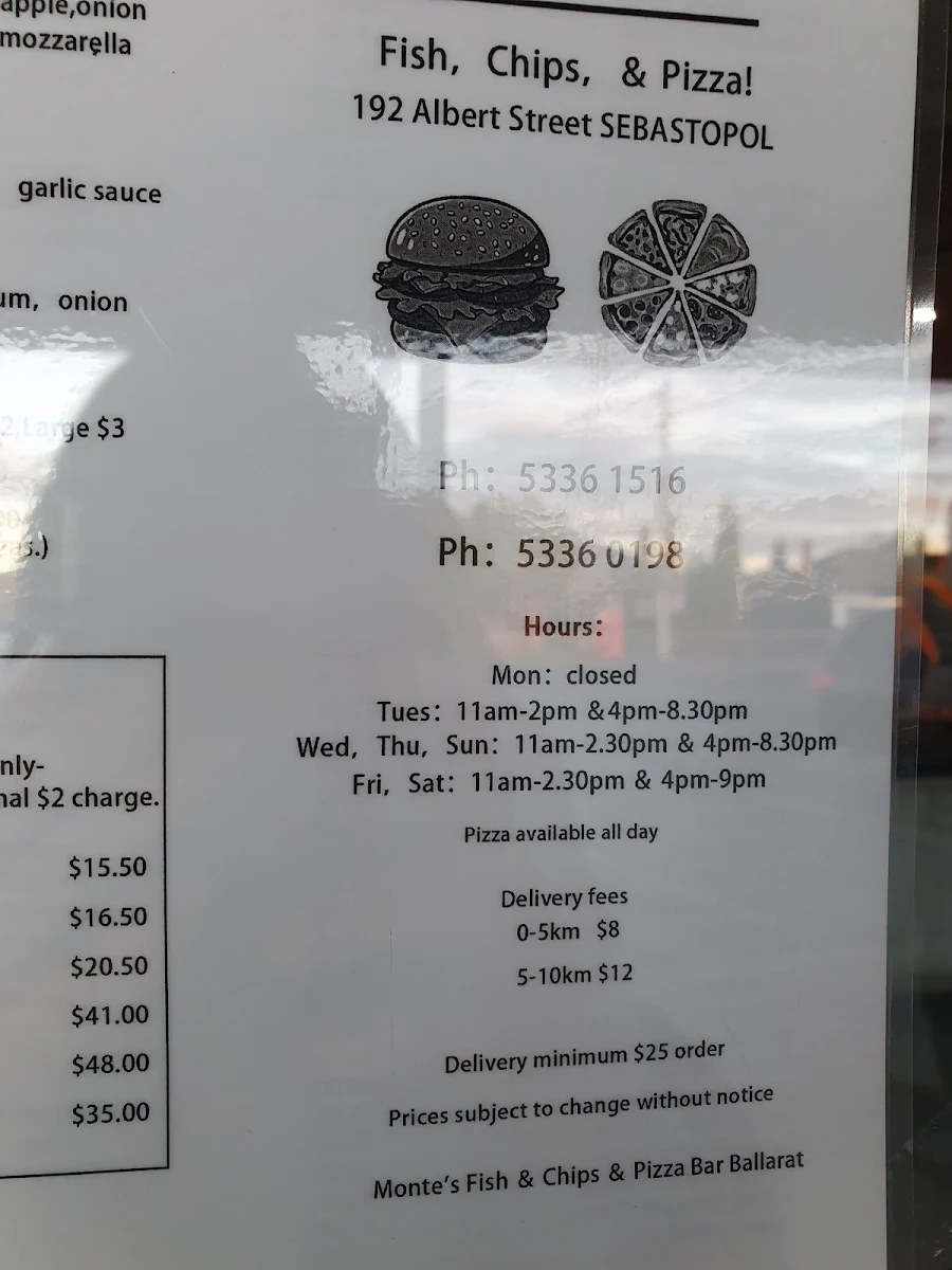 Menu, Monte’s Fish Chips & Pizza Bar