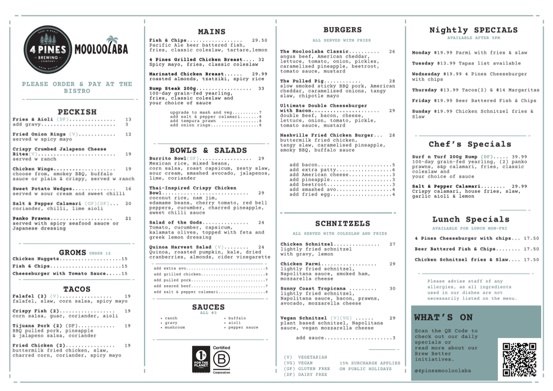 Menu, 4 Pines Mooloolaba