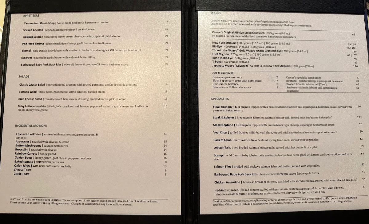 Menu, Caesar's Steak House & Lounge