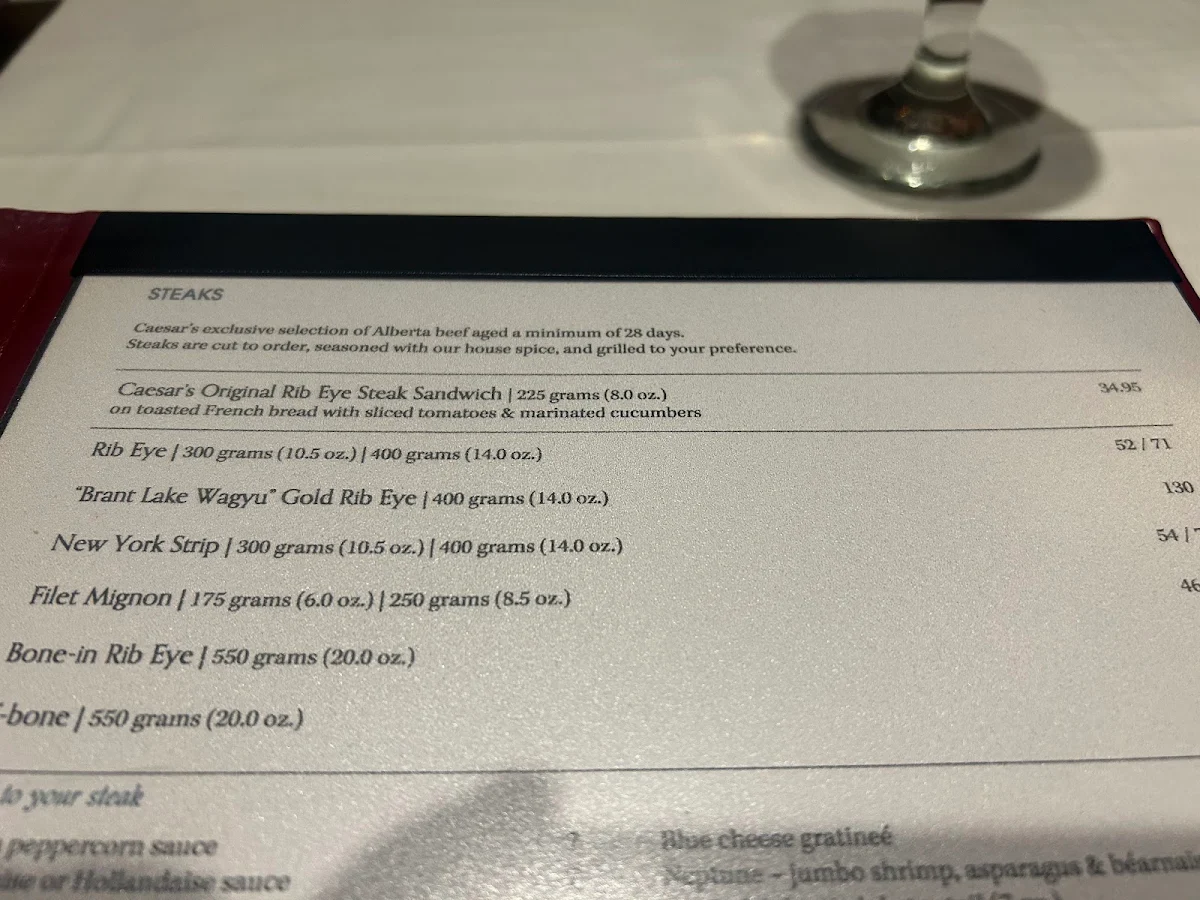 Menu, Caesar's Steak House & Lounge
