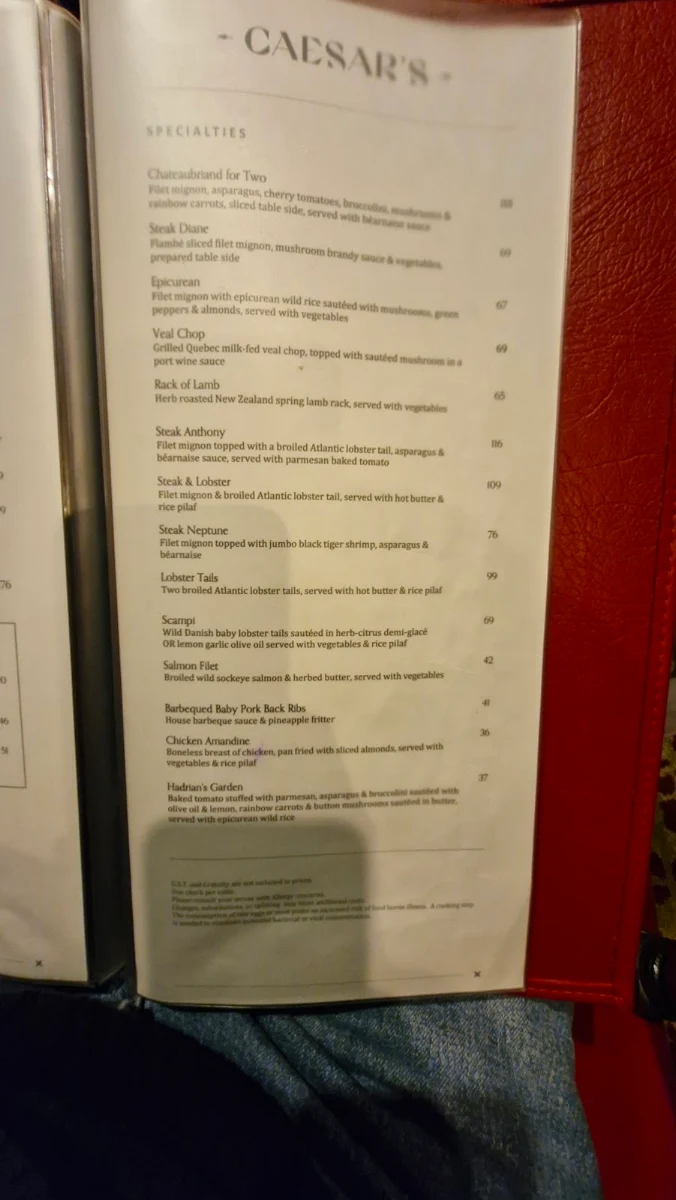 Menu, Caesar's Steak House & Lounge
