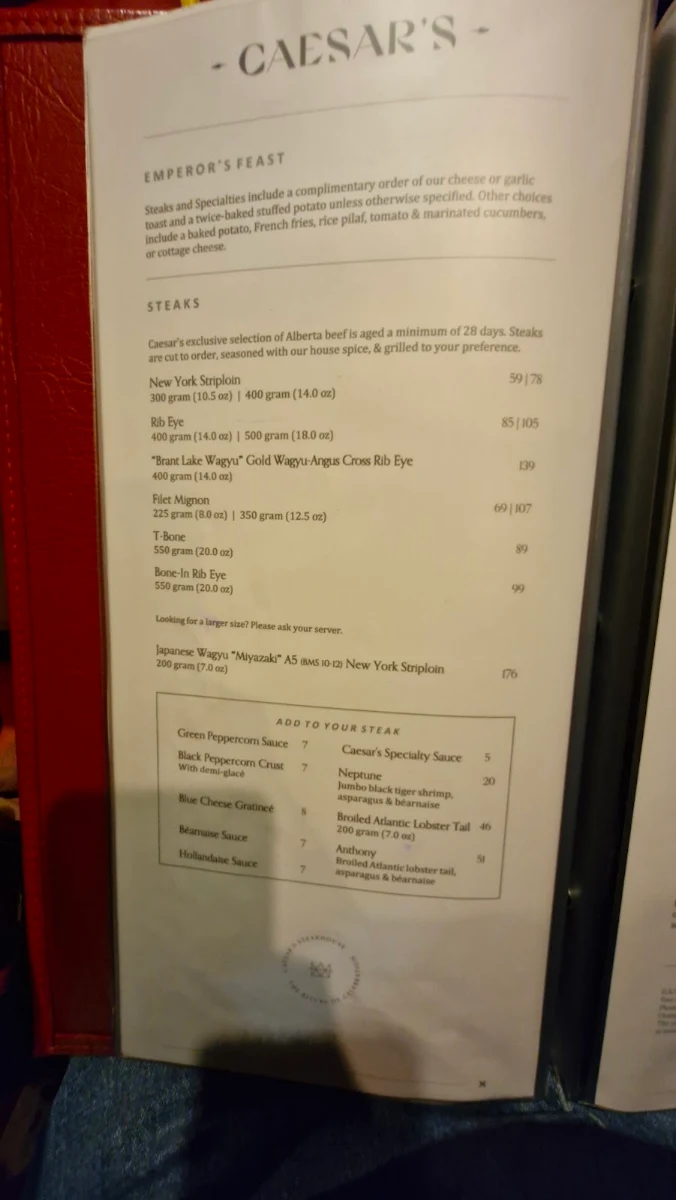Menu, Caesar's Steak House & Lounge