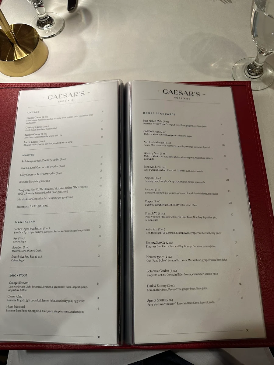 Menu, Caesar's Steak House & Lounge