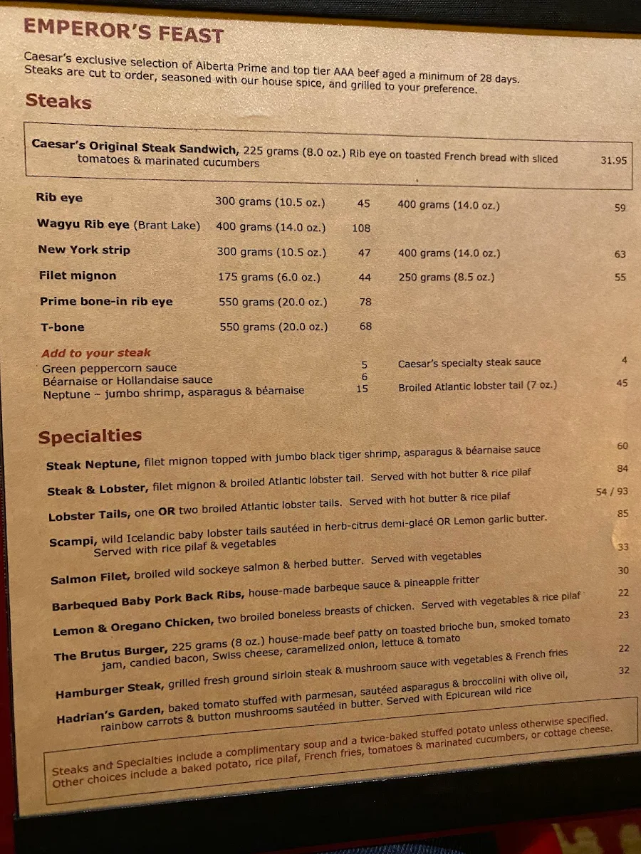 Menu, Caesar's Steak House & Lounge