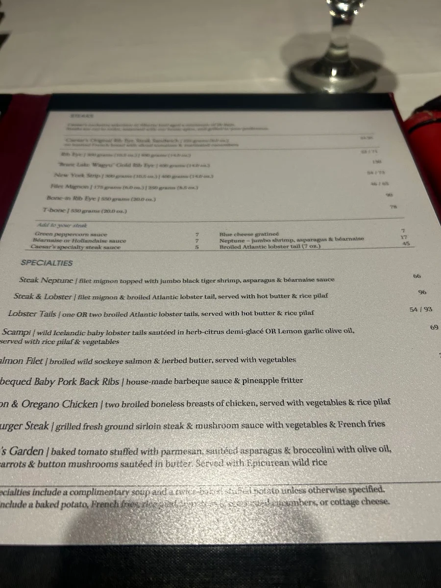 Menu, Caesar's Steak House & Lounge