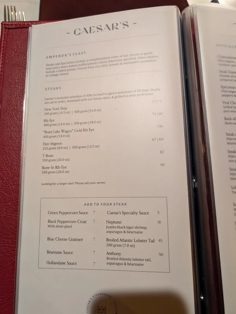 Menu, Caesar's Steak House & Lounge